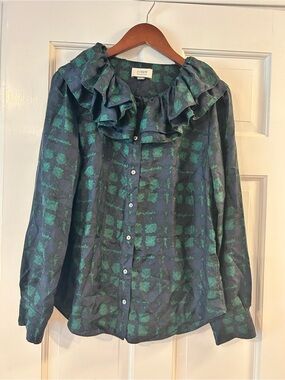 J. Crew Navy & Green Ruffle Collar Button-Up Silk Shirt